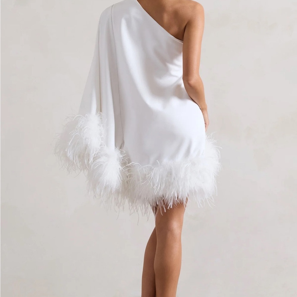 White One-Shoulder Dress W Feather Trim - Picture 4 of 6